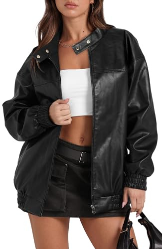 Sampeel Leather Jacket Women Faux Oversized Motorcycle Bomber Coats 2026 Fall Fashion Outfits Winter Clothes Trendy Cute Black XL