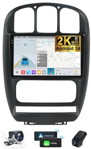 ZZPHKK Android 14 Car Radio for Chrysler Voyager RG RS 2000-2007 9 inch 2K QLED Touch Screen Head Unit with CarPlay Android Auto Bluetooth 5.0 FM AM RDS GPS Navigation SWC + Camera DVR(2K M200S)