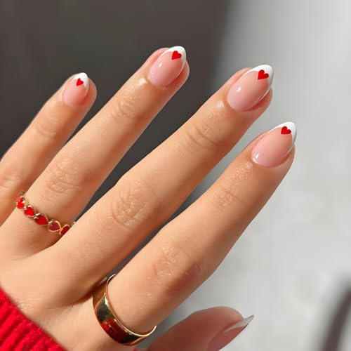 Sweet Heart Tips Press On Nails - Short Almond Shape with Red Heart French Design - 24PCS Full Cover False Nails with Tools for DIY Nail Art