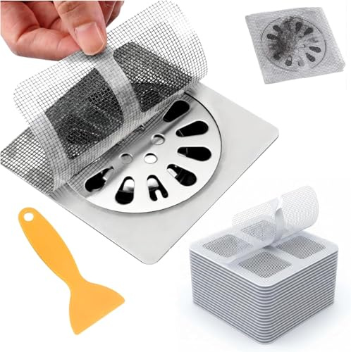 (50 Pack) Disposable Drain Cover & Drain Snake Stickers - 10 cm Square Shower Drain Cover & Hair Catcher for Shower Drain - Perfect for Bath & Kitchen - Mesh Stops Human & Pet Hair