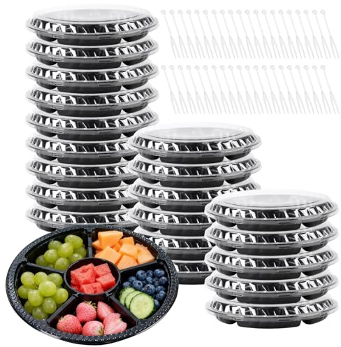 CHEUKYIU 20 Stück Servierteller mit 6 Fächern und Deckel, 1500g Kapazität, Schwarze Kunststoff Servierplatte für Obst, Meal Prep