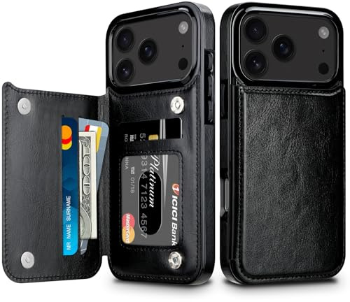 Coolden for iPhone 17 Pro Case Wallet with Card Holder (3 Cards) Black | Shockproof Flip Folio PU Leather Magnetic Closure Heavy Duty Protective, Card Slot Wallet Cover for iPhone 17 Pro Phone Case