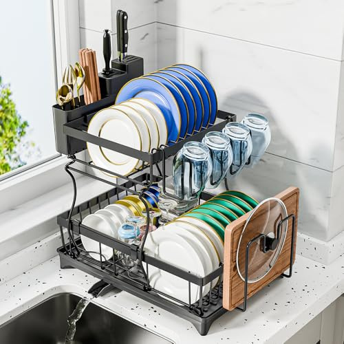 Multibao 2 Tier Dish Drainer Rack for Kitchen Counter - Space-Saving Dish Rack with Chopping Board & Cutlery & Cup Holders, 360° Drain Spout, Large Capacity Dish Drying Rack with Draining Board, Black