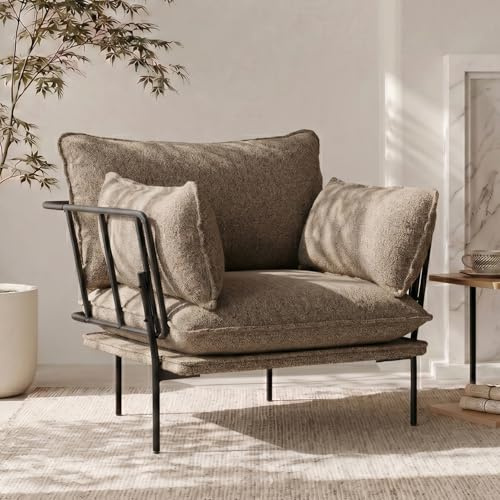 YEEFY Bouclé Loungesessel mit Metallbeinen – gepolsterter Akzentstuhl als Lesesessel, Wohnzimmerstuhl, Schlafzimmerstuhl & Balkonstuhl, moderner Polstersessel für Entspannung (Braun, 1 Stück)
