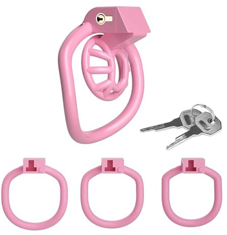 Gabbia di castità leggera in resina per uomini, dispositivo di castità maschile con 4 anelli, design con chiusura nascosta, dispositivo sessuale di restrizione per adulti maschi (rosa) (Negative,1)