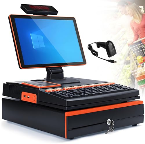 Elektronisk kassaregister, 15,6'' LED-pekskärm, POS-terminal med handhållen skanner, 101 tangenter, kassaregistertangentbord, 58 mm termisk skrivare, kassalåda med dubbel skärm Orange-SingleScreen
