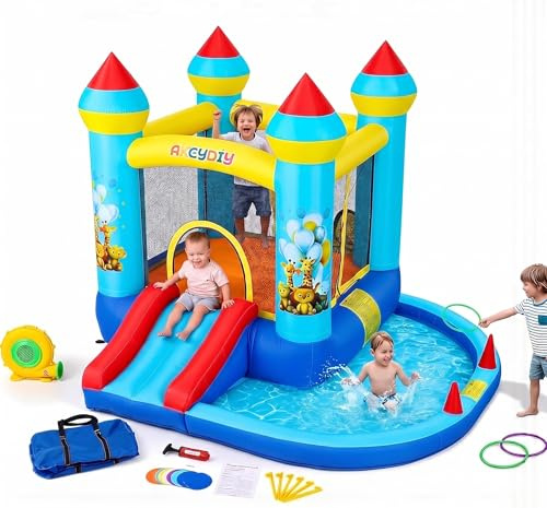 AKEYDIY Castillo hinchable 5 en 1 para niños con tobogán piscina de bolas soplador 3-10 J | Centro de juegos 5 en 1 y diversión sin fin
