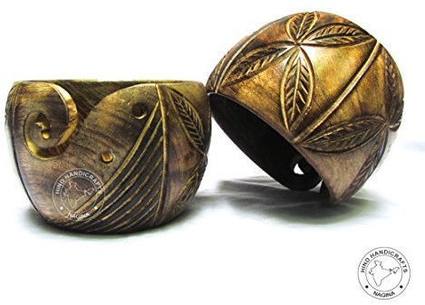 Ciotola in legno duro scuro di alta qualità con foglie in legno massiccio, portatile, antica fiammata, per lavorare a maglia, supporto per uncinetto, artigianato posteriore (15,2 x 15,2 x 10,2 cm)