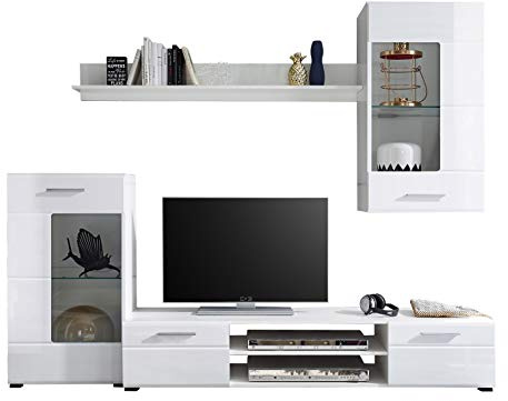 AVANTI TRENDSTORE - Erik - Parete da soggiorno in laminato di colore bianco e anteriore in MDF bianco lucido, dimensioni: LAP 230x200x38 cm