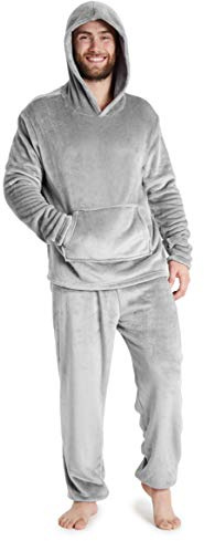 CityComfort Pyjama Homme, Ensemble De Pyjamas en Polaire Douce avec Pantalon Taille Élastique Et Pull à Capuche en Pilou Chaud, Idée Cadeau Ado ou Adulte (Gris Clair, XL)
