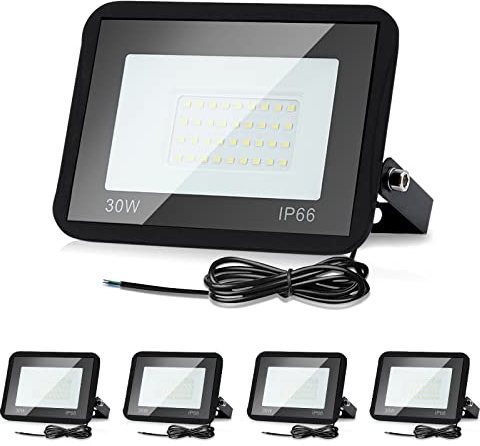 Lospitch 5er LED Strahler Außen 30W, IP66 Wasserdicht LED Fluter, Superhell Außenstrahler, 3000K Warmweiß Flutlicht, Außenstrahler für Gärten, Innenhöfe, Garage, Flur[Energieklasse A+]