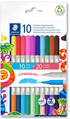 STAEDTLER Doppelfasermaler twin color, zwei Spitzen für zwei unterschiedliche Farben Linienbreiten, 3 mm und 1 mm, 10 Zweifarben-Doppelfasermaler in 20 sortierten Farben im Kartonetui, 3280 C10