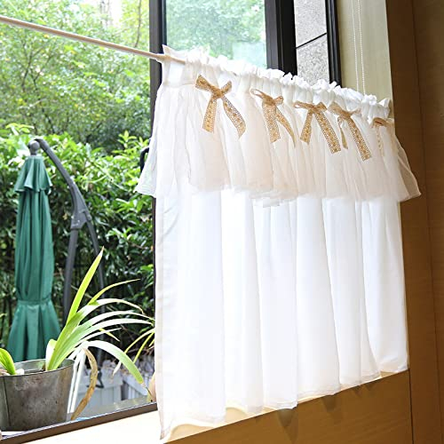 A.Monamour Rideau de Cuisine Court pour Fenêtre Petite - Voilage Tulle Blanc à Nœuds - Rideau Brise-bise à Étages - Rideaux à Disques - Panneaux Cantonnières Demi - Bistro Café