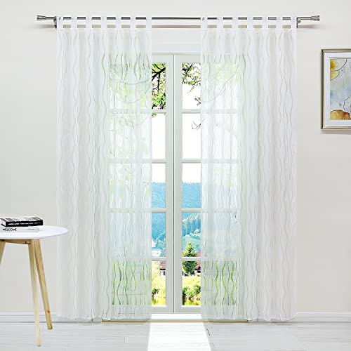 ESLIR Gardinen mit Schlaufen Vorhänge Ausbrenner Fensterschal Transparent Schlaufenschal mit Wellen Muster Weiß BxH 140x245cm 2 Stück