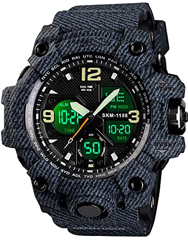 Forrader Digital Herr Sportklocka, Vattentäta Militärklockor LED Bakljus Stort Ansikte Stoppur Larm Armbandsur Klockor, 1155denim Svart