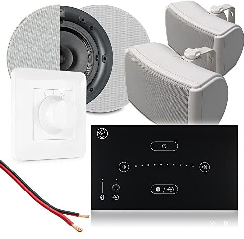 Systemline E50 Kitchen and Patio Audio System with Bluetooth Wall Amplifier, Ceiling Speakers and Waterproof Outdoor Garden Speakers, Two-Zone Home Sound Installation Kit with A/B Selector Switch
