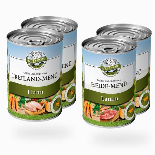 Bellfor Starter-Paket 2 x Freiland-Menu mit Huhn 2 x Heide-Menu mit Lamm Getreidefrei Hundefutter Nass Ohne Soja und Zucker, Farb-, Konservierungs- und Aromastoffe