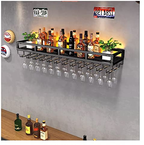 Bar Unit Floating Shelves, Wall-Mounted Wine Racks With LED Light Inverted Wine Glass Rack Multifunctional Iron Bottle Holder Simple Hanging Goblet Rack For Home Bar Dining Room Decor (Color : Black