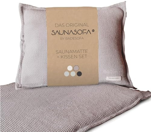 BADESOFA SAUNASOFA Set Long – Saunamatte zum Liegen mit Kissen – Sauna-Auflage für Infrarot & Klassische Sauna – Schadstofffrei, waschbar & handgefertigt in Europa – Sauna-Set in Taupe