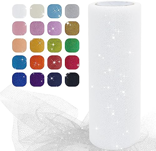 Uiopa Glitzer Tüll Weiss, 15cm x 22,8m Glitzerstoff Polyester Tüllband Hochzeit Dekostoff, Tüll Stoff Rolle für Tutu-Röcke Party Hochzeit Tisch Deko Geschenkverpackung DIY-Handwerk