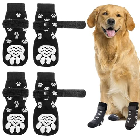 Paquete de 4 calcetines antideslizantes para perros, calcetines para perros de interior, calcetines para perros con correas ajustables, calcetines para perros con suela de goma