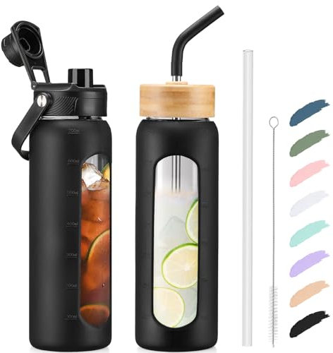 Kodrine 24oz Glass Water Bottle with Straw and 2 Lids-Bamboo Straw and Spout Lid with Carry Handle, Borosilicate Glass Drinking Bottle with Silicone Sleeve and Time Marker For Sports Travel, Black