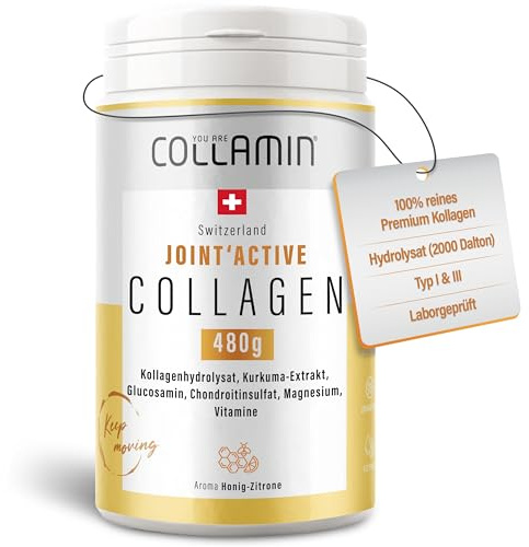 Collamin® Joint'Active Collagen Pulver - 480g I Kollagen Pulver mit Kurkuma, Vitamin C, Hyaluron & Mehr I Hydrolysiertes Kollagen (Rind) mit Honig-Zitronen Aroma I Kollagen - Made in Switzerland