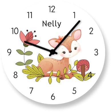 Faramosa Kinderzimmer Uhr REH Kinder Wanduhr Waldtier Blumen mit Name Babygeschenk Geburt Mädchen Geschenk