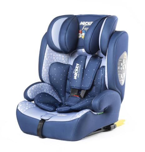 Tataway Disney Mickey Mouse Autositz Mit ISOFIX-Befestigung Für Kindersicherheit Mit Einer Körpergröße Von 76 Bis 150 Cm Mit Grafiken Von Mickey Mouse Und Seinen Freunden Auf Blauem Hintergrund
