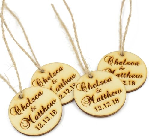 50 Stück Personalisiertes Geschnitztes Hölzernes Rundes Vintage-Hochzeitsgeschenk For Braut Und Bräutigam Mit Seil, Individuelles Antikes Weindekor, Weinanhänger(3 CM)