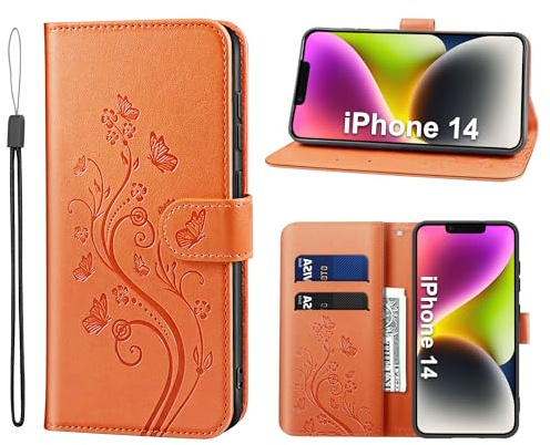 KRAFTCARE Lederhülle für iPhone 14 Klapphülle Leder Hülle | Premium PU Leder mit Prägung, Kartenfach, Ständer, Magnetic Closure, RFID Blockierung, Flip Wallet Handyhülle, Orange