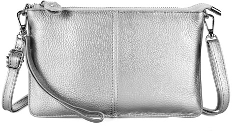 befen Echtleder Damen Umhängetasche Klein Clutch RFID-Blockierung Handtasche Damen Leder Crossbody Bag mit Reißverschluss und Schultergurt & Handgelenkband, Silber