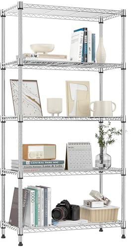 MZG 567 kg 5 nivåer hylla metallförvaringshyllor hyllor vajerhylla kraftiga garderobsorganisatörer för garage kök badrum tvätt krom 35 cm D x 75 cm B x 150 cm H