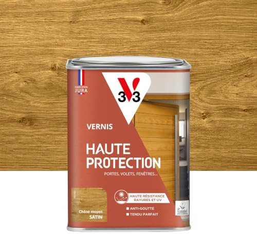V33 Vernis bois extérieur Chêne moyen satin - Haute Protection - Haute résistance rayures et UV - Anti-goutte et tendu bon - Ecolabel - 1L