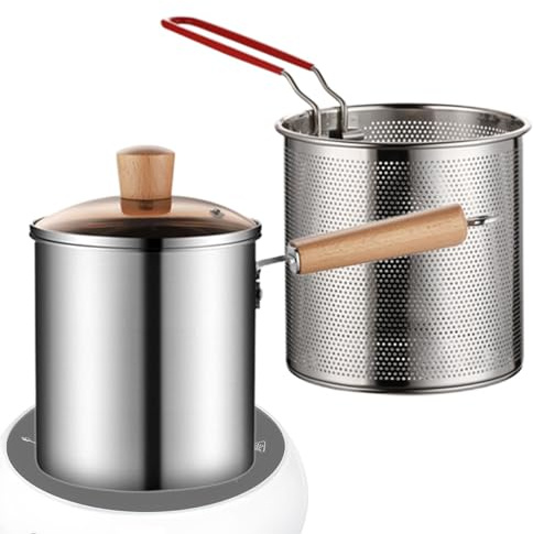 Freidora de pescado y cesta - freidora de acero inoxidable 3L 304 | Freidora Tempura con escurridor de y termómetro, ideal para alitas de pollo, mariscos y papas fritas, sartén universal para