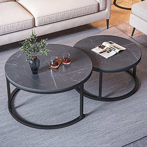 Zusammensetzbarer Couchtisch, 2er-Set, runder Beistelltisch aus Holz, Wohnzimmer-Satztisch mit modernem Akzent, Metallbeine, einfache Montage für kleine Räume, Wohnzimmer, Balkon, ,Dark Grey-80+60cm