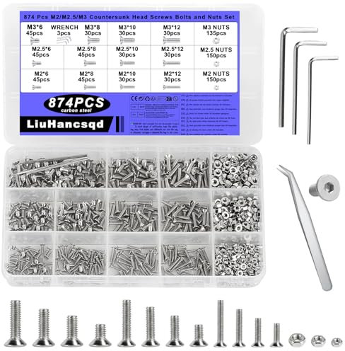 M2 M2.5 M3 Screws Set, 874 Pcs Flat Hex Socket Head Cap Bolts and Nuts Set, Flat Machine Screws, Countersunk Bolts Set, Allen Head Nuts and Bolts Assortment Kit