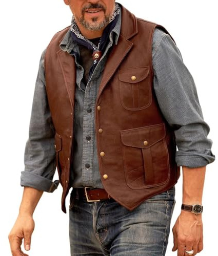 GOKTOG Men Genuine Cowhide Leather Brown Vintage Waistcoat, Western Sleeveless Vest Cowhide (US, Alpha, Large, Regular, Regular, Western Brown Leather Vest Men)