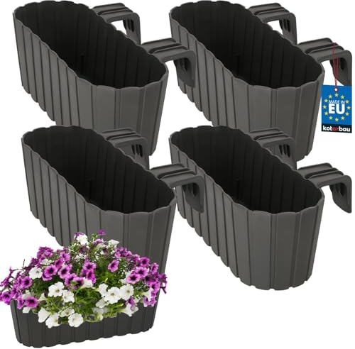 KOTARBAU® Blumenkasten für Balkon 40x15x15 cm, Balkonkasten mit Halterung | Blumenkasten für Balkongeländer, Balkon Pflanzkasten oval, Balkon Deko, Balkonkästen aus Kunststoff, Grau, 4er Set