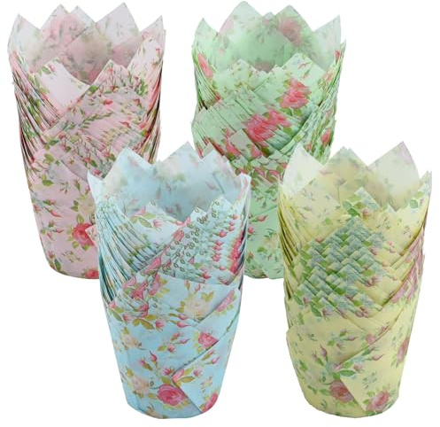 200 pirottini per muffin a tulipano, muffin, per cuocere pirottini usa e getta resistenti al calore, per feste di Natale, feste di compleanno, muffin oleati (fiori)