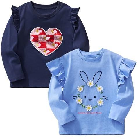 Pilipulu T-Shirt à Manche Longue Filles Tee Shirt Enfant Fille Lot de 2 in Cotone Imprimé Licorne pour Enfants 3 Ans, Lapin 1