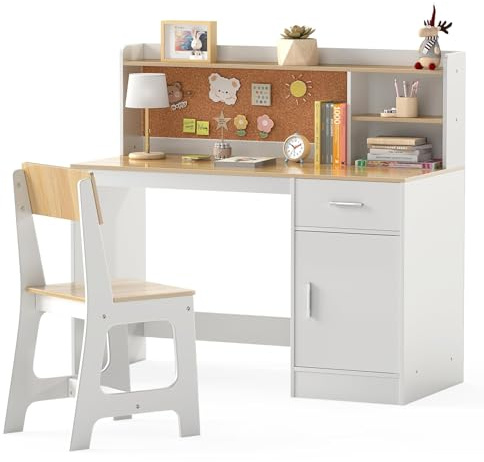 LIFEZEAL Kinderschreibtisch mit Stuhl Set, Multifunktionaler Kinderlerntisch mit Regal & Schublade & Pinnwand, Schreibtisch Kinder mit ergonomischer Hocker für Schüler (Natur)