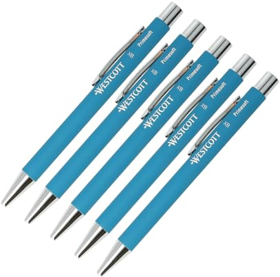 Westcott PRIMESOFT-XB Kugelschreiber 5 Stück Türkis | GRS-zertifizierte Premium Kugelschreiber aus Aluminium | Dokumentenecht mit blauer Tinte | Strichstärke XB 1,4 mm | E-1744998 00
