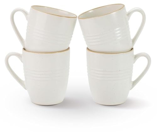 Richmount Jupiter Coffee Mugs Set of 4, 14oz/400ml Stoneware Tea Cups with Large Handle for Latte/Cappuccino/Milk/Cocoa/Tea, Microwave & Dishwasher Safe, White