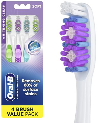 Oral-B 3D White Stain Eraser, 4 Count Soft Manual tootbrush Pack, Removes Stains, Whitens Teeth, Tongue and Cheek Cleaner, Pack of 6