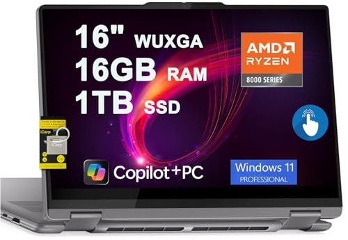 Lenovo Yoga 7 2-in-1 Laptop 16 WUXGA IPS Touch AMD 8-core Ryzen 7 8840HS (>i7-12700H) 16GB RAM 1TB SSD for Creator Designer Business Professional Win11Pro ICP Hub PC