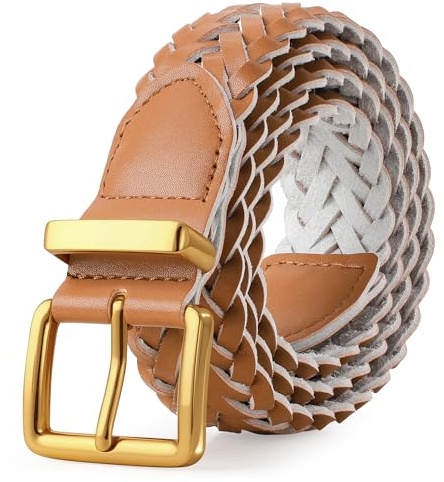 TRIWORKS Women's Braided Woven Leather Belt with Gold Buckle Belts for Women Versatile for Jeans Pants Dress