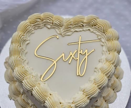 Sixty Acrylic Cake Topper - 60th Birthday Script Number Decoration for Milestone Party Celebration Cake, Elegant Modern Laser Cut Design (Gold Mirror Acryl)
