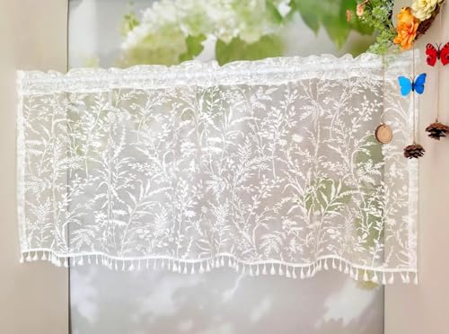 Jeeman Vintage Pflanzenranken Scheibengardine Jacquard Spitzen Küchen Halbvorhang Halbtransparente Dekorative Quasten Bistrogardine Schlafzimmergardine Balkon Kurzgardine Weiß HxB 50x90cm 1 Stück