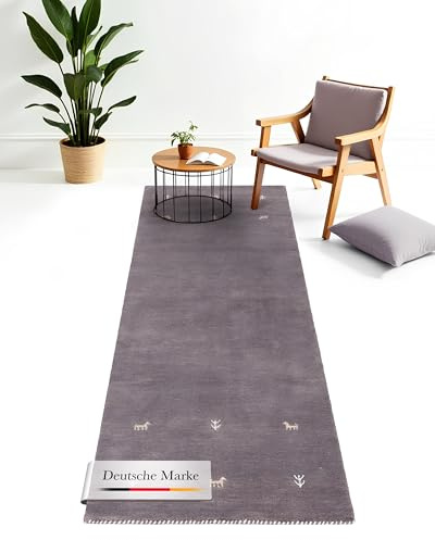 carpetfine Wollteppich Gabbeh Uni Läufer Grau 80x300 cm | Moderner Teppich für Wohn- und Schlafzimmer